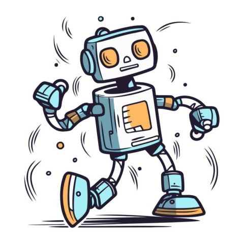 Robot running. Vector cartoon illustration. Isolated on white ba