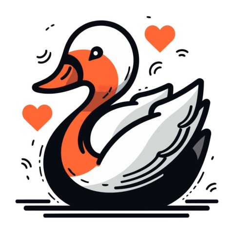 Vector illustration of a swan swimming in the water with hearts.