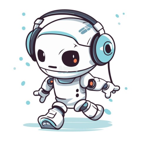 Cute robot with headphones. Vector illustration. Isolated on whi