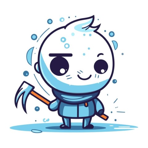 Cute cartoon robot holding a pickaxe. Vector illustration on whi