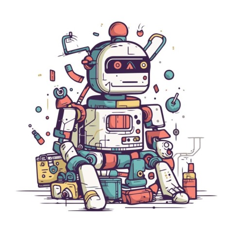 Robot with different tools. Vector illustration in doodle style.