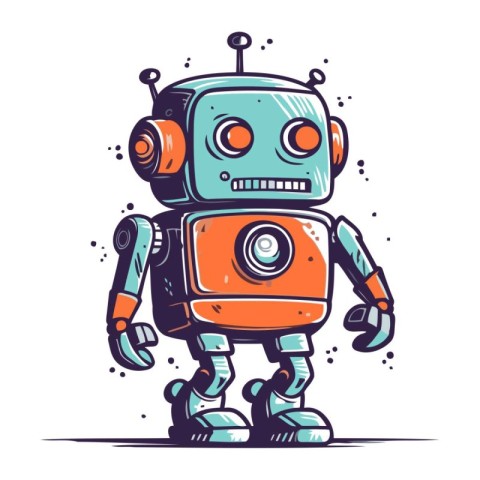 Vintage robot. Hand drawn vector illustration isolated on white