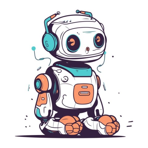 Cute robot with headphones. Hand drawn vector illustration in ca