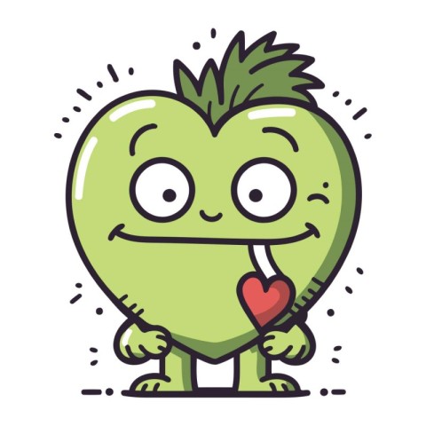 Cute cartoon green strawberry character with a heart. Vector ill