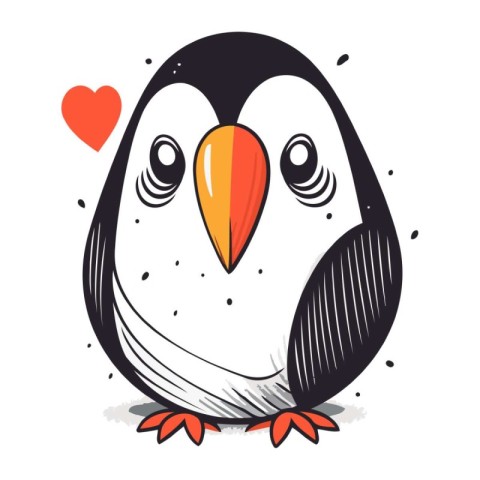 Cute cartoon penguin with heart on white background. Vector illu