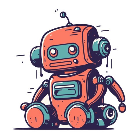 Cartoon robot. Hand drawn vector illustration in doodle style.