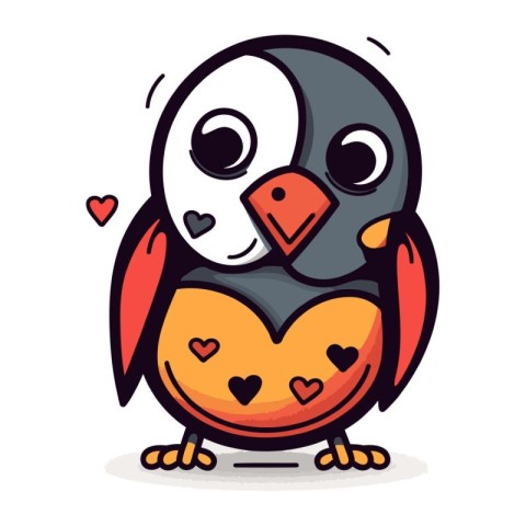 Cute cartoon penguin with hearts in its beak. Vector illustratio