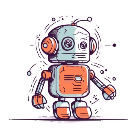 Cute robot with headphones. Vector illustration. Isolated on whi