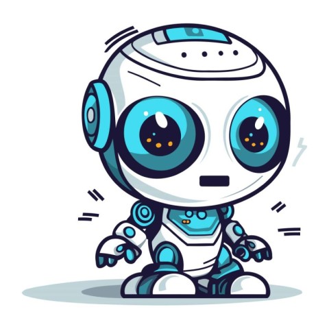 Cute cartoon robot with big eyes and headphones. Vector illustra