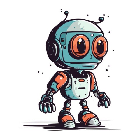 Robot with headphones. Cute cartoon hand drawn vector illustrati