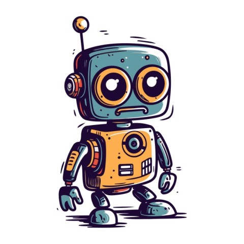 Cute cartoon robot. Hand drawn vector illustration. Doodle style