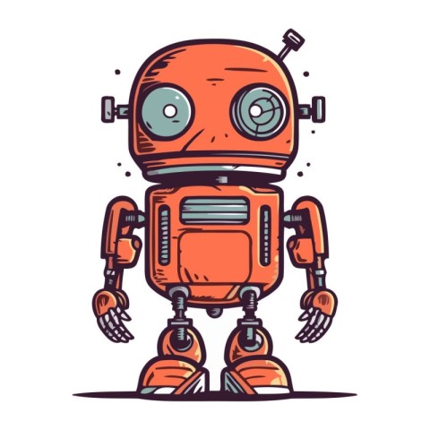 Retro robot. Hand drawn vector illustration. Isolated on white b