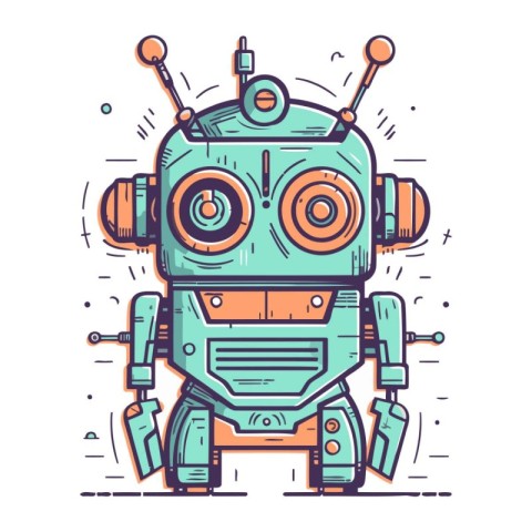 Retro robot. Hand drawn vector illustration in doodle style.