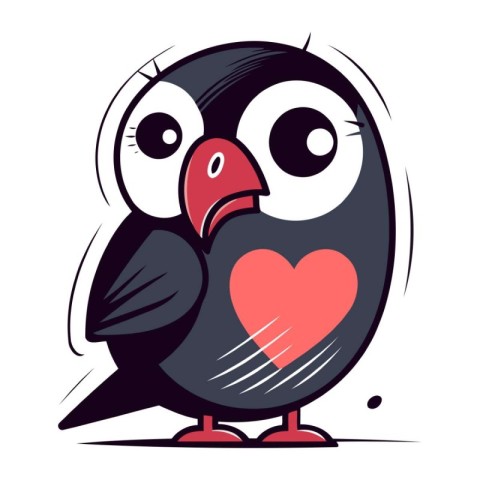 Cute black bird with heart in its beak. Vector illustration.