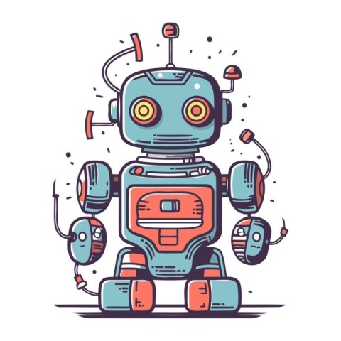 Cute robot with headphones. Vector illustration in doodle style.