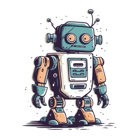 Retro robot. Hand drawn vector illustration. Isolated on white b