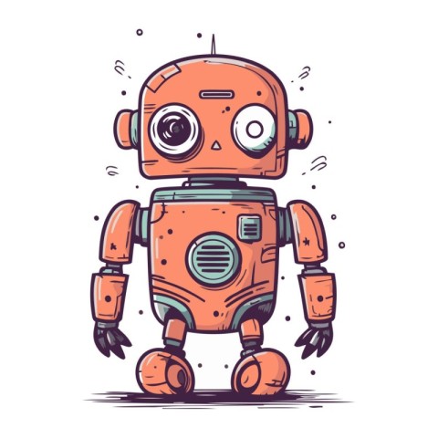 Cute little robot. Hand drawn vector illustration in cartoon sty