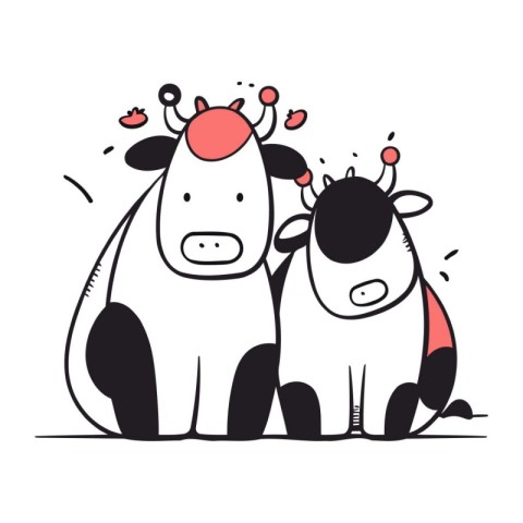 Cute couple of cows. Vector hand drawn illustration in cartoon s