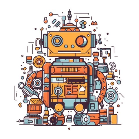 Robot toy. Vector illustration in line art style on white backgr