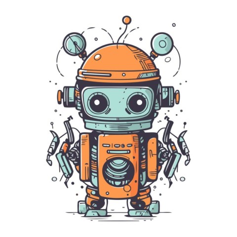 Cute cartoon robot. Hand drawn vector illustration. Isolated on