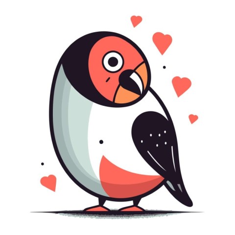 Cute cartoon parrot with hearts on white background. Vector illu