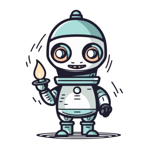 Cute cartoon robot with candle. Vector illustration on white bac