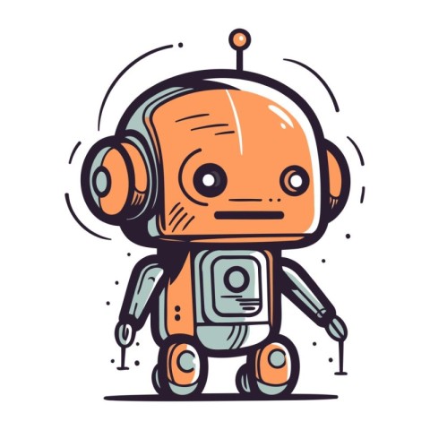 Cute robot with headphones. Vector illustration in doodle style.