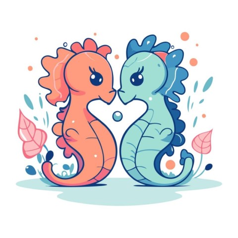 Two seahorses in love. Vector illustration in cartoon style.