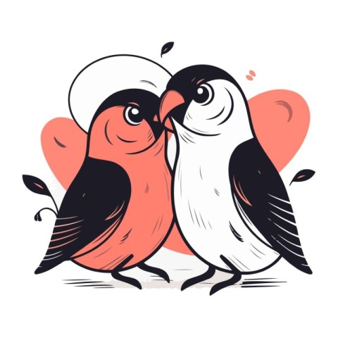 Two cute bullfinches in love. Valentines day card. Vector illust