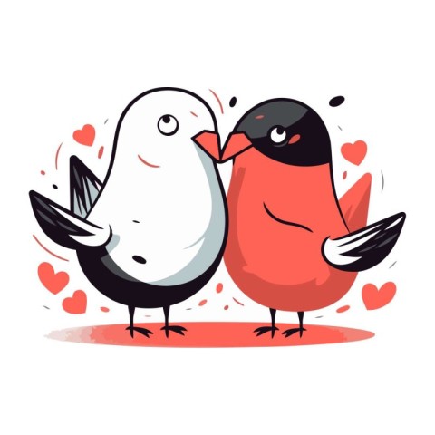 Cute couple of red and black birds in love. Vector illustration.