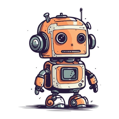 Cute cartoon robot with headphones. Vector illustration isolated