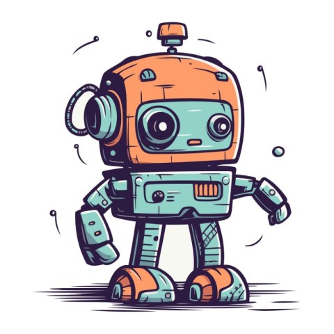 Cartoon robot. Vector illustration of a cute robot with headphon