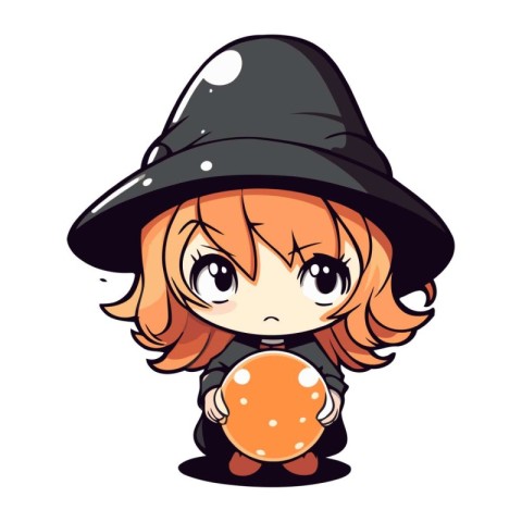 Illustration of a Cute Little Red Haired Girl in Witch Hat Holdi