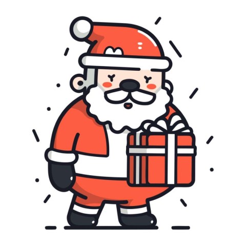 Santa Claus holding gift box. Vector illustration in line art st