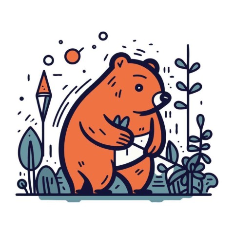 Cute cartoon bear in the forest. Vector illustration in a linear