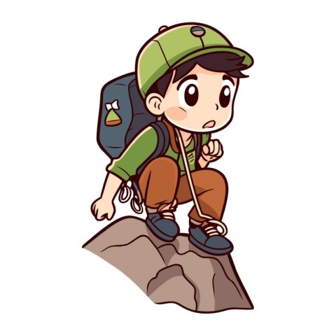 Hiking boy with backpack and trekking poles. Vector illustration