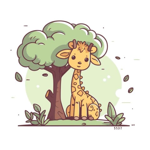 Cute giraffe sitting under a tree. Vector illustration in flat c