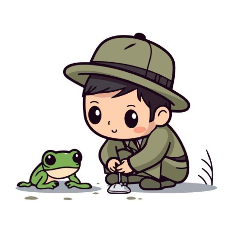 Cute little boy scout with frog and frog. Vector illustration.