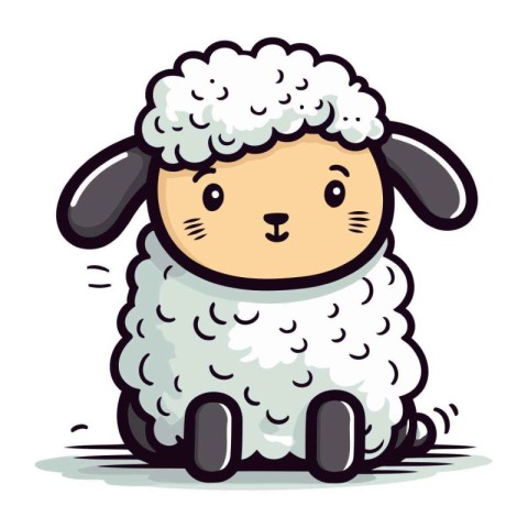 Cute sheep sitting on the ground. Vector illustration of cartoon