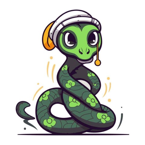 Cute green snake listening to music in headphones. Vector illust