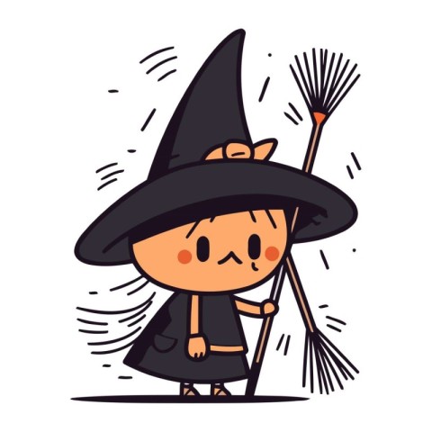 Cute little girl in a witch costume with a broom. Vector illustr