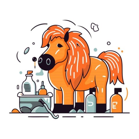 Horse washing in the bathroom. Vector illustration in flat style