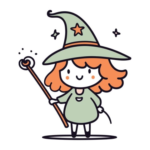 Cute little witch with magic wand. Vector illustration in cartoo