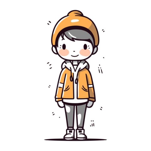 Cute boy wearing winter clothes. Vector hand drawn cartoon illus