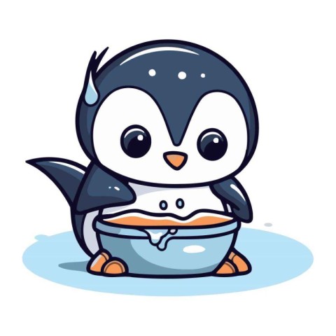 Cute cartoon penguin eating a bowl of soup. Vector illustration.