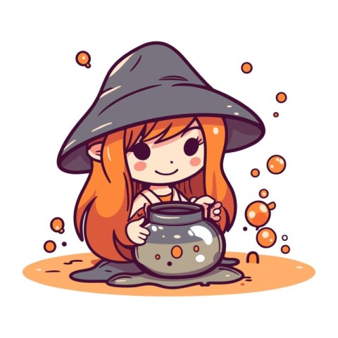 Cute little witch with a pot of potion. Vector illustration.