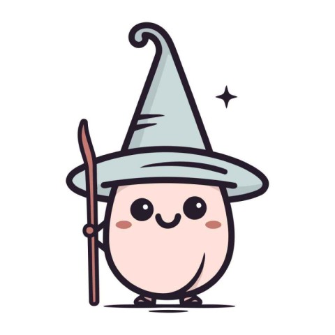 Cute Halloween witch character with hat and broom. Vector illust