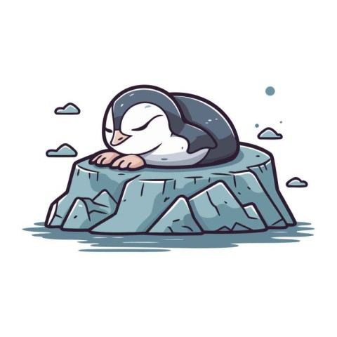 Penguin sleeping on a rock. Cute cartoon vector illustration.