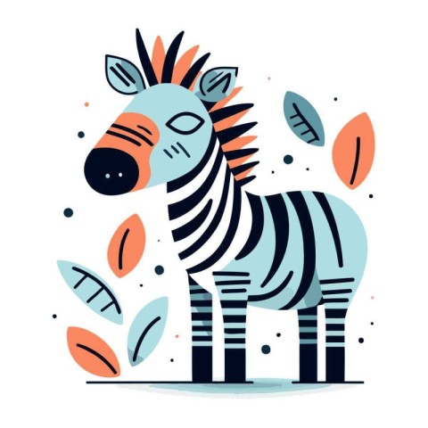 Zebra vector illustration. Cute cartoon zebra with leaves.