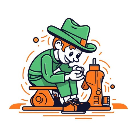 Fisherman in hat and boots sitting on the table. Vector illustra